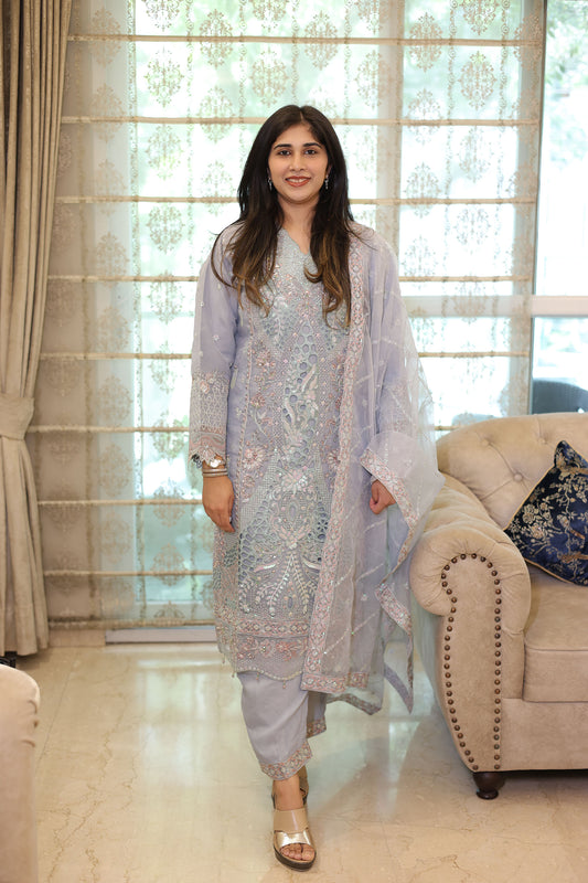 Light Blue Organza Sequins & Cutdana Work Pakistani Suit set for Eid