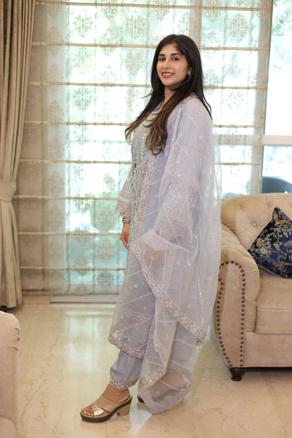 Light Blue Organza Sequins & Cutdana Work Pakistani Suit set for Eid
