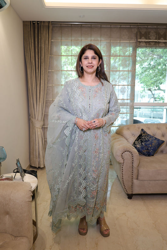 Grey Organza Sequins & Cutdana Work Pakistani Suit set for Eid