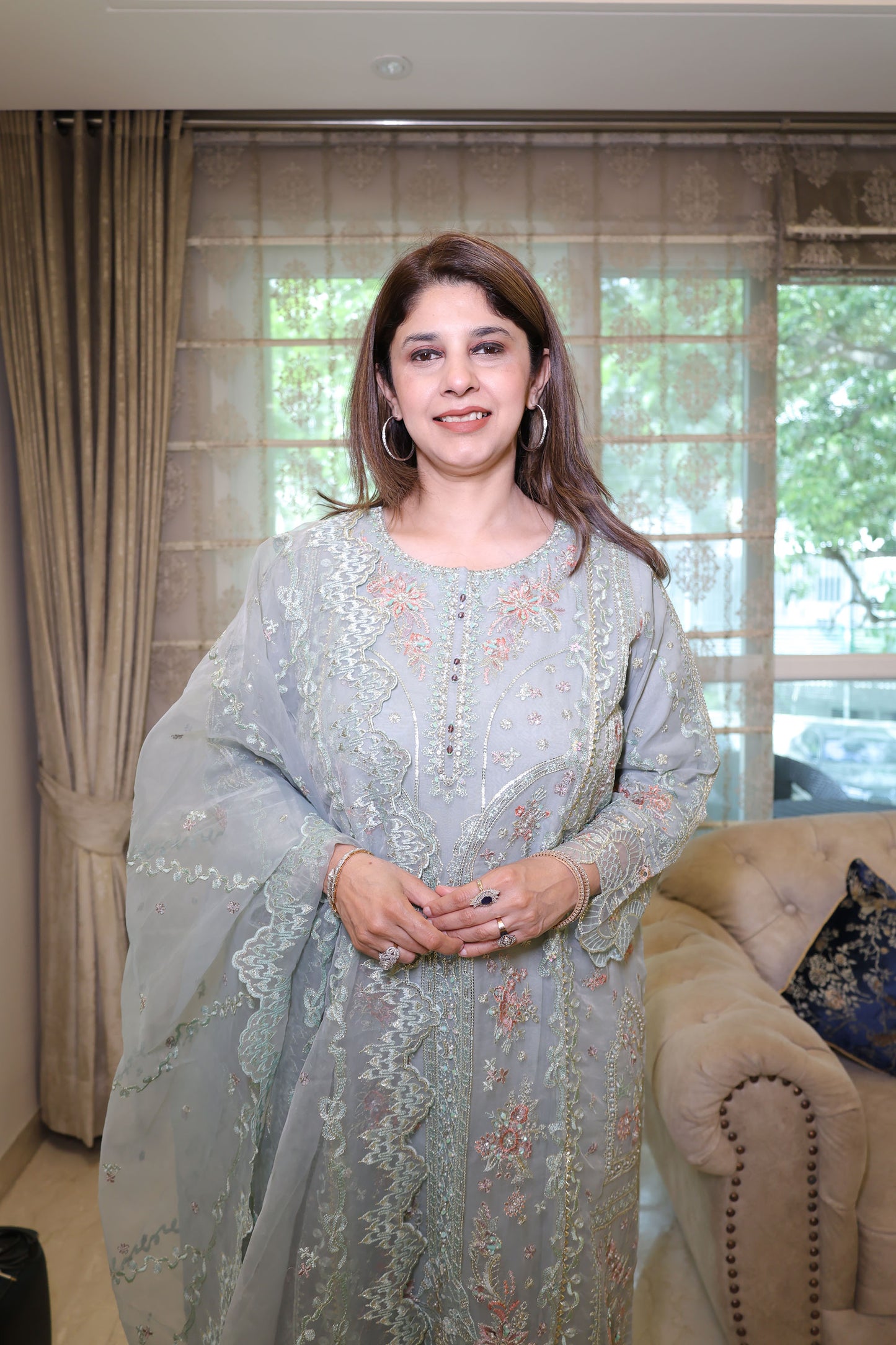 Grey Organza Sequins & Cutdana Work Pakistani Suit set for Eid