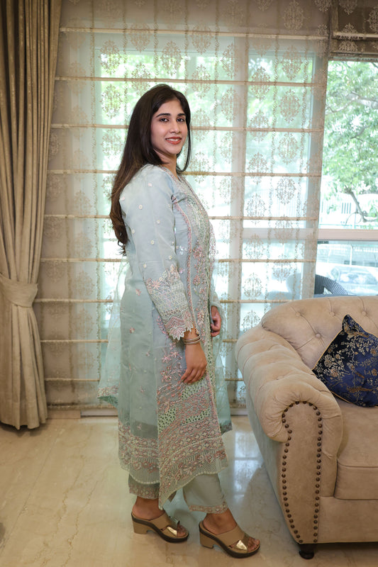 Mint Green Organza Sequins & Cutdana Work Pakistani Suit set for Eid