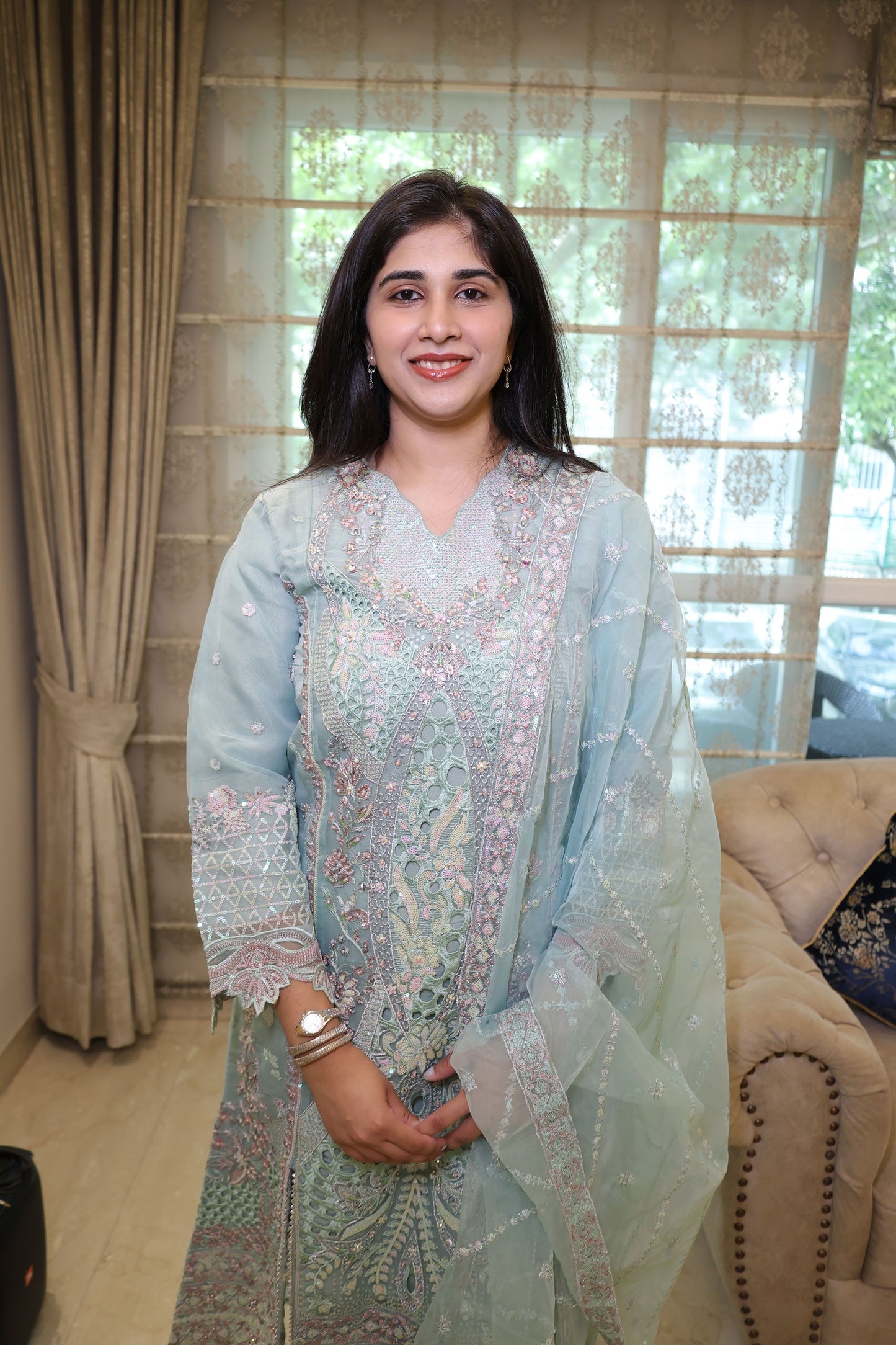 Mint Green Organza Sequins & Cutdana Work Pakistani Suit set for Eid