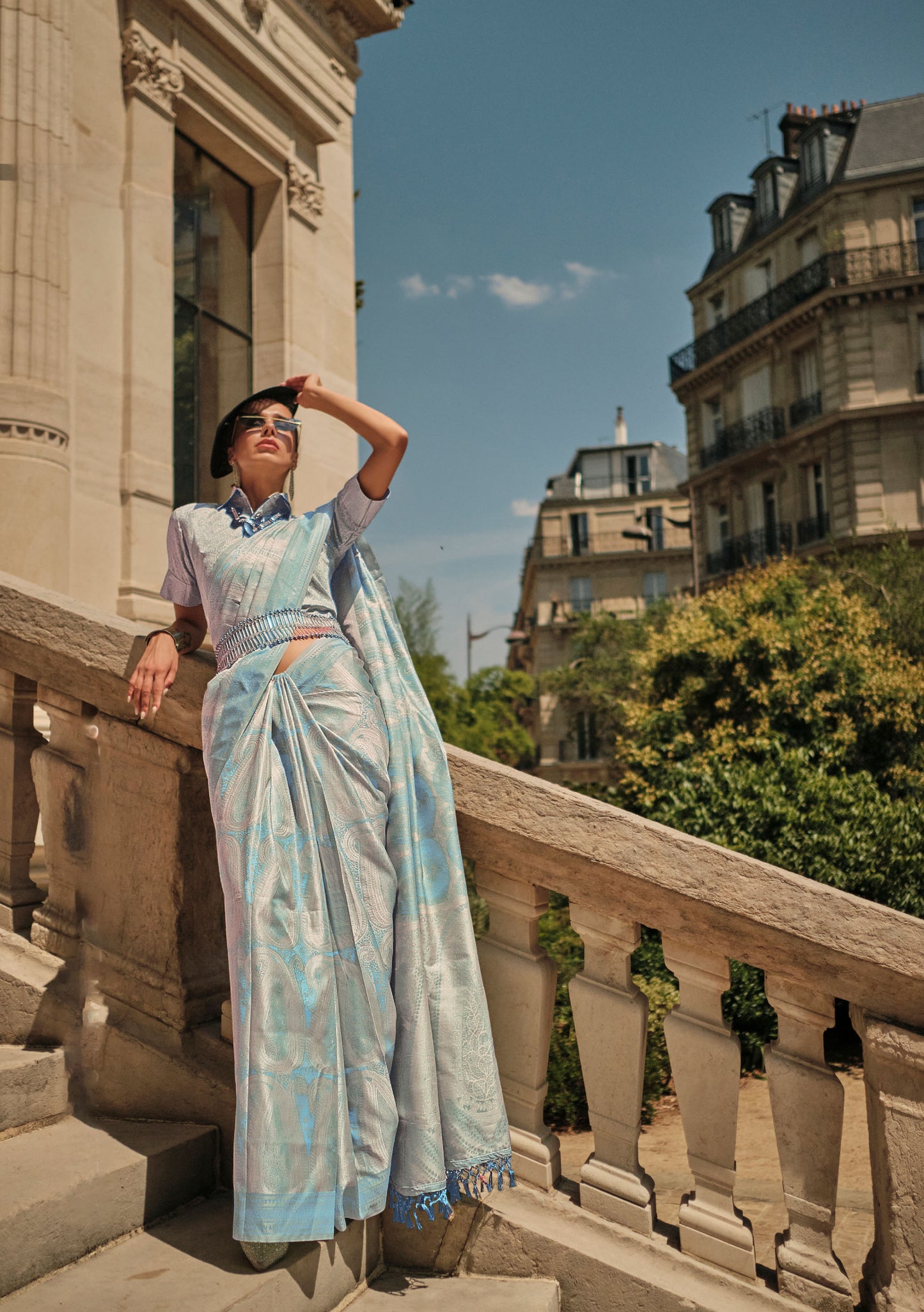 Light Blue Kyha Pure Satin Handloom Saree