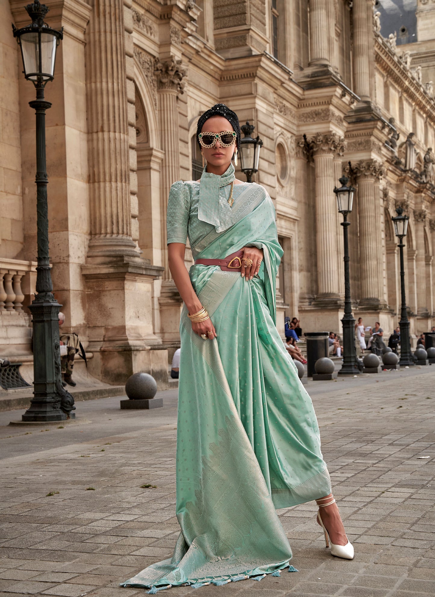 Light Green Kamzah Silk Pure Satin Nylon Handloom saree