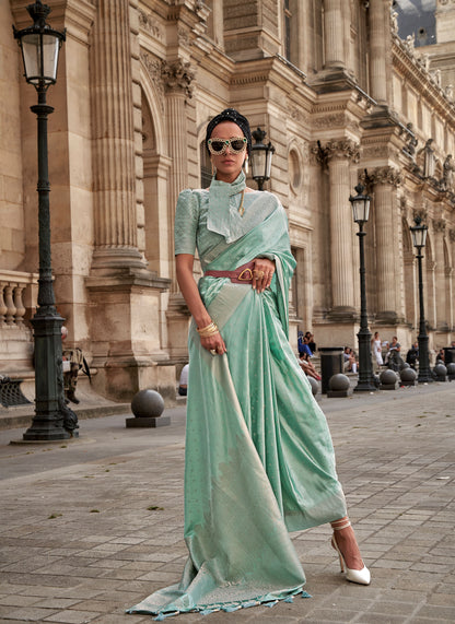 Light Green Kamzah Silk Pure Satin Nylon Handloom saree