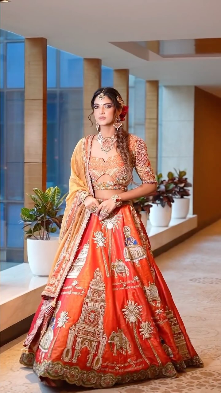 Custom Orange Royal Bridal lehenga