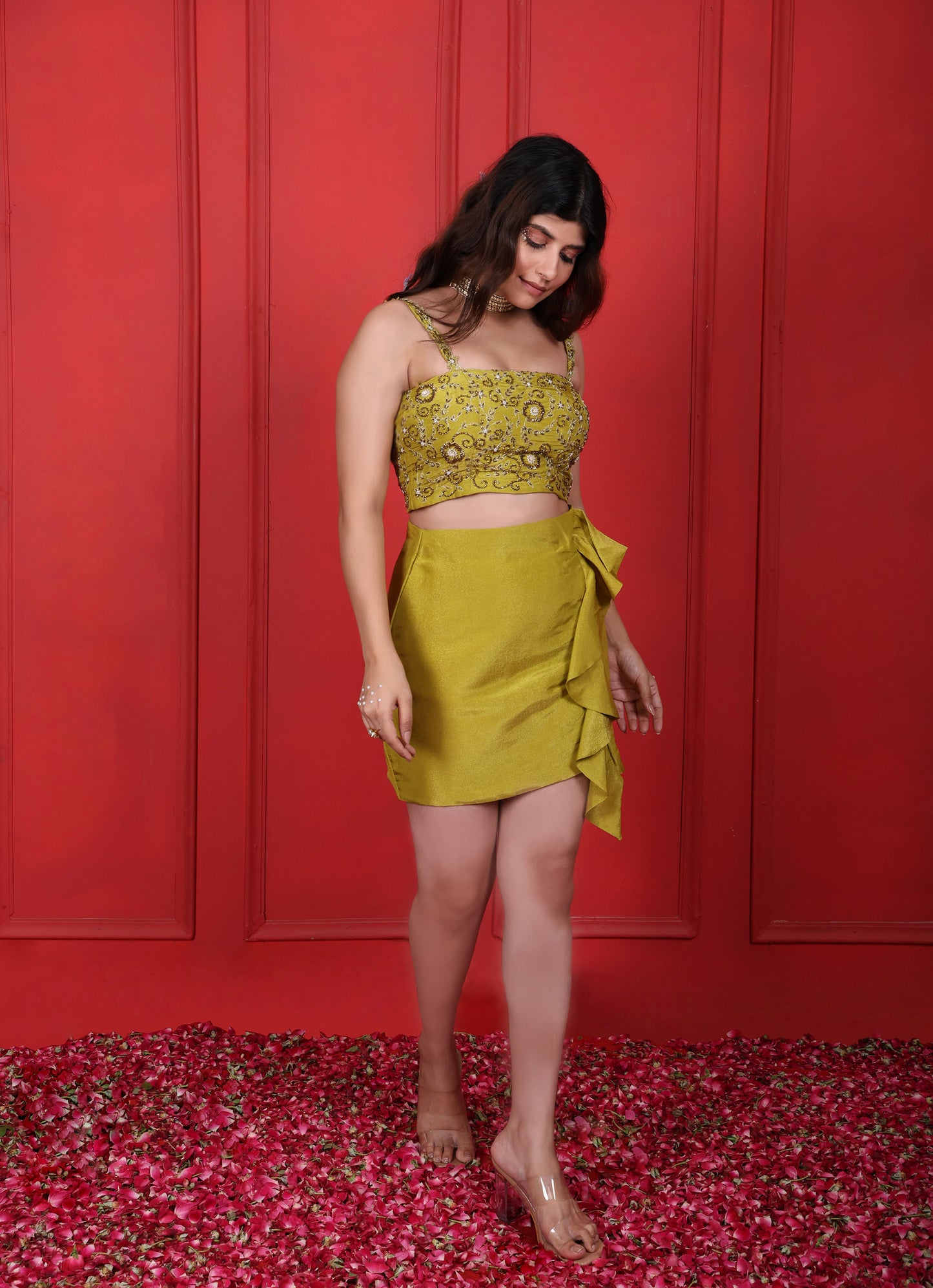 Green Lemon Ginger Hand Embroidered Blouse With Mini Ruffle Skirt