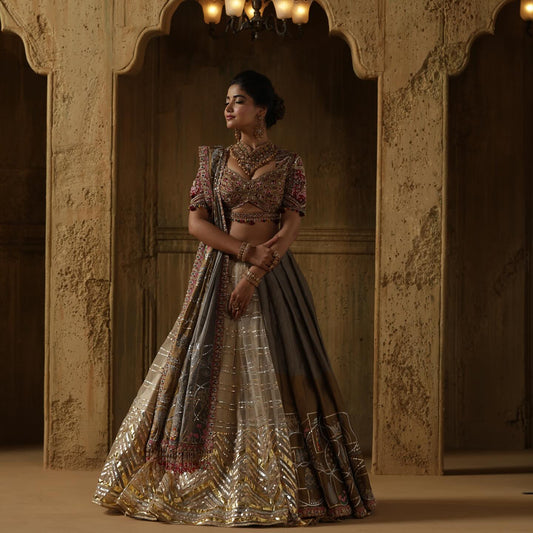 Custom Grey and Maroon Royal Bridal lehenga