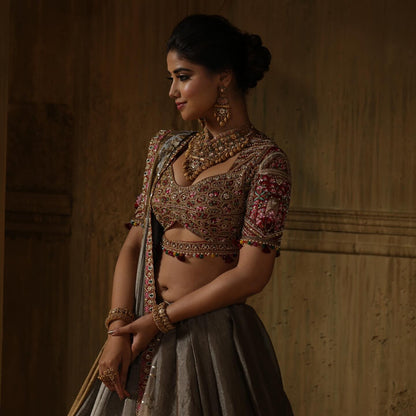 Custom Grey and Maroon Royal Bridal lehenga