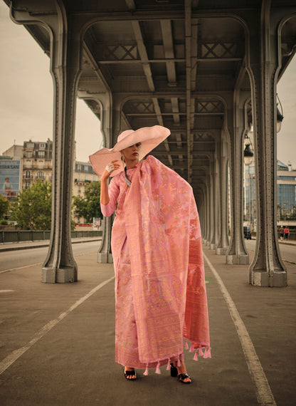 Peach Kalila Silk Kashmiri Organza handloom saree