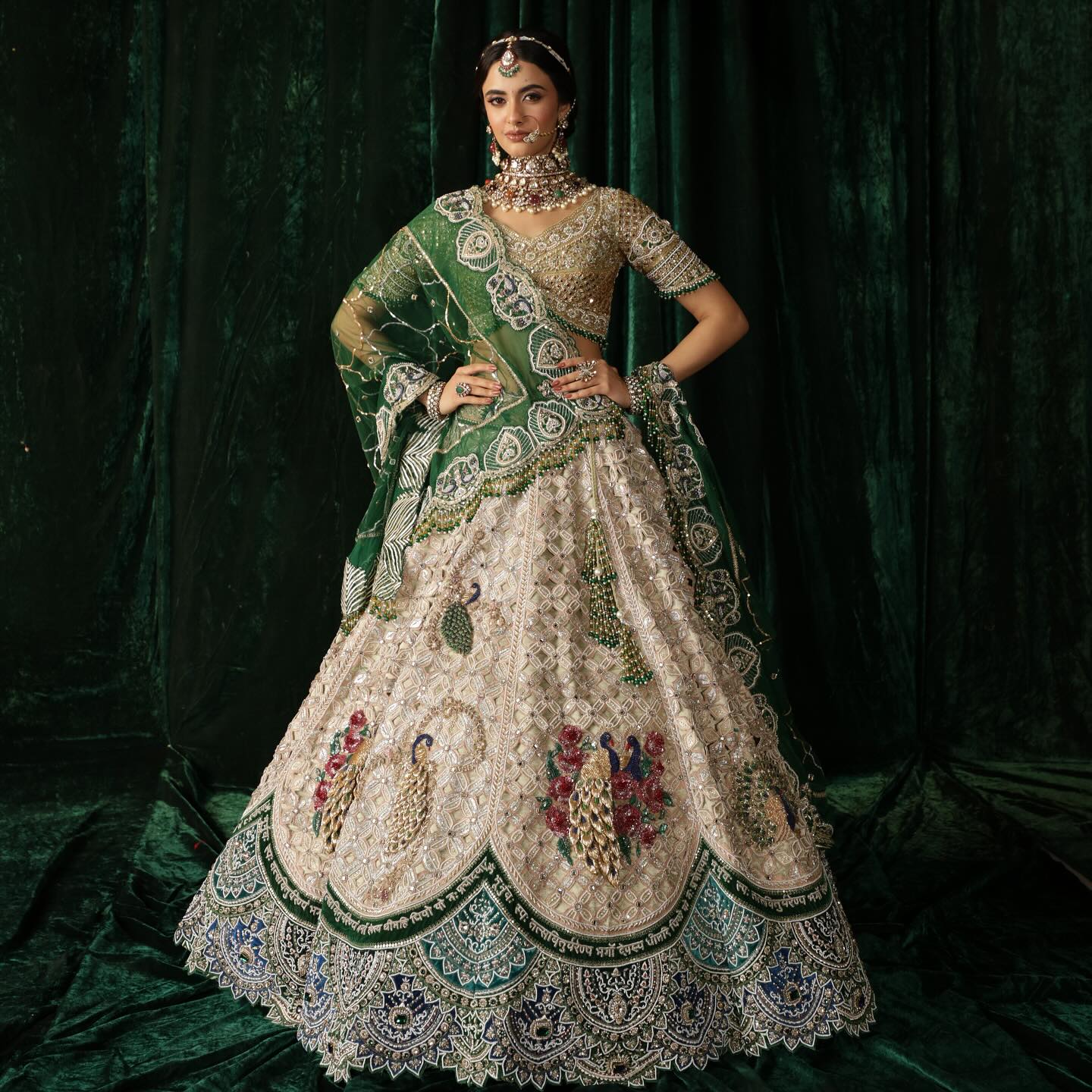 Custom Beige And Green Royal Bridal lehenga