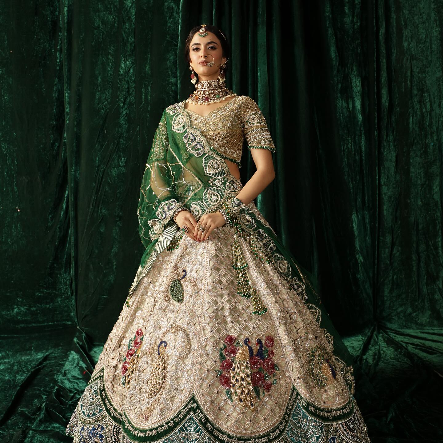 Custom Beige And Green Royal Bridal lehenga