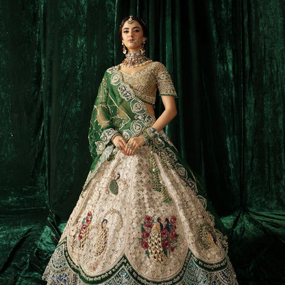 Custom Beige And Green Royal Bridal lehenga