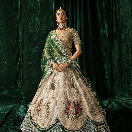Custom Beige And Green Royal Bridal lehenga