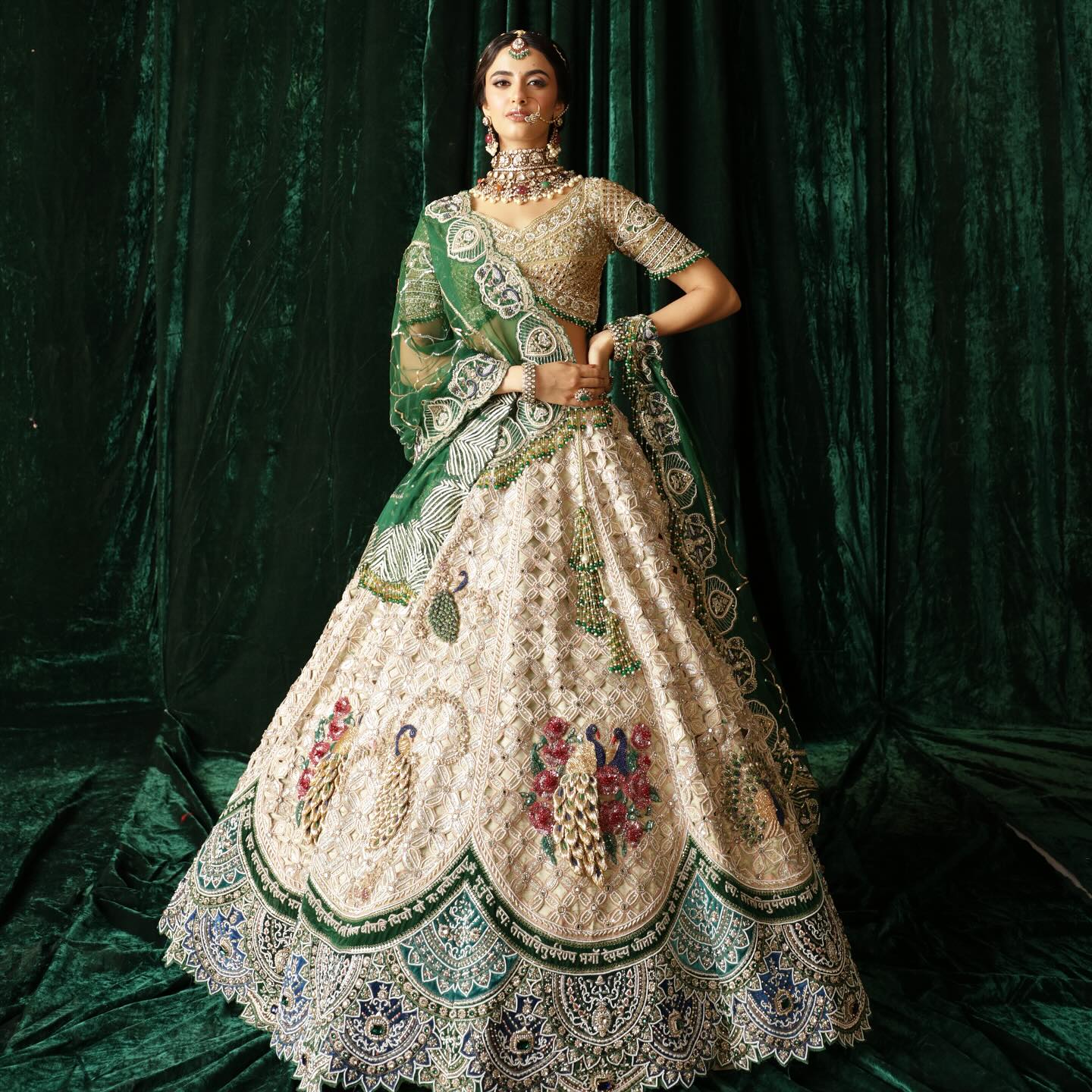 Custom Beige And Green Royal Bridal lehenga