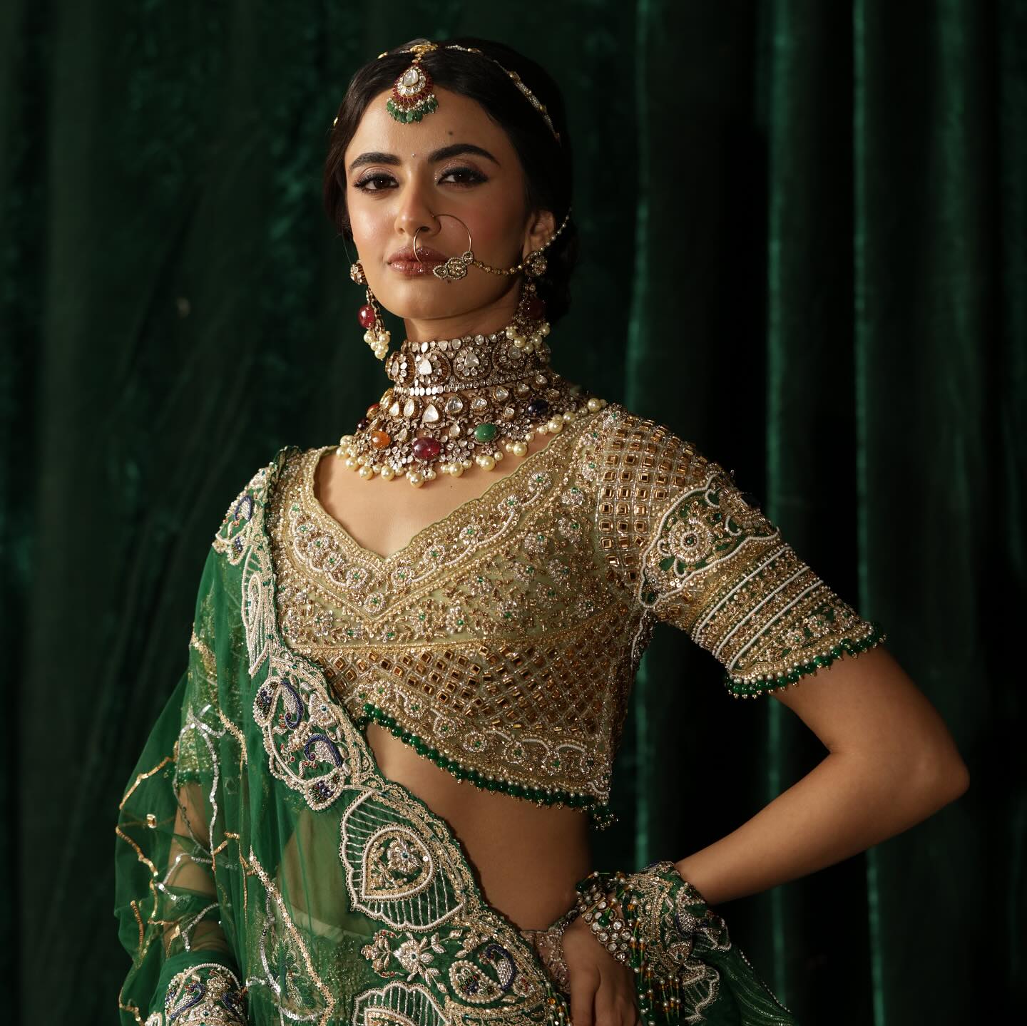 Custom Beige And Green Royal Bridal lehenga