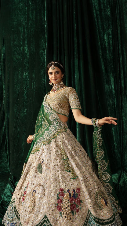 Custom Beige And Green Royal Bridal lehenga