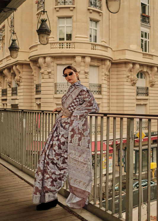 Brown Kaneeza Lucknow Chikankari Zari Saree