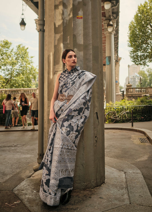 Dark Grey Kaneeza Lucknow Chikankari Zari Saree