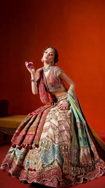 Custom White and Orange Elaborate Traditional Motif Royal Bridal lehenga
