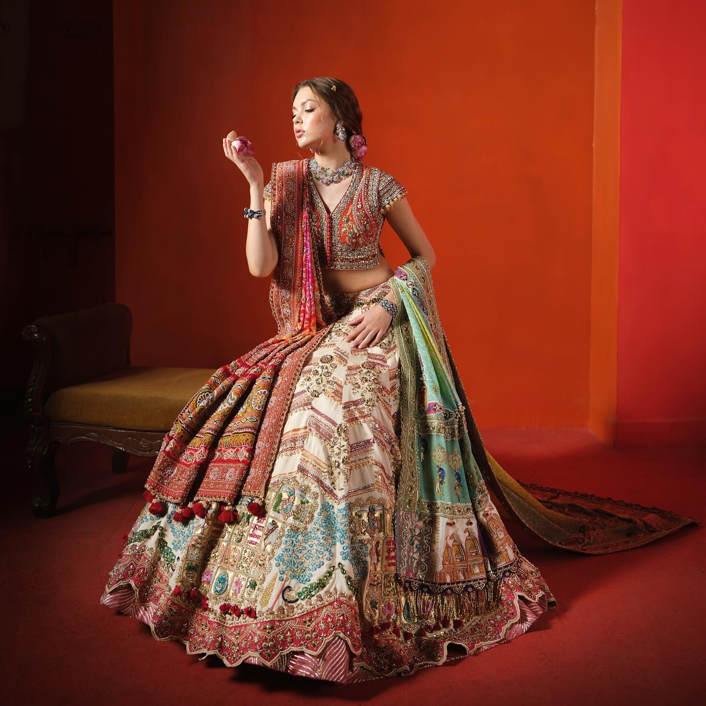 Custom White and Orange Elaborate Traditional Motif Royal Bridal lehenga