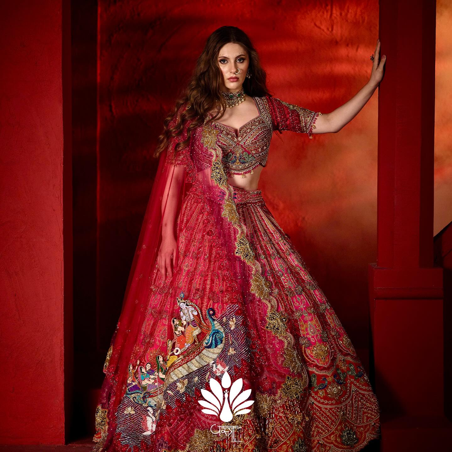 Custom Bright Red Elaborate Traditional Motif Royal Bridal lehenga