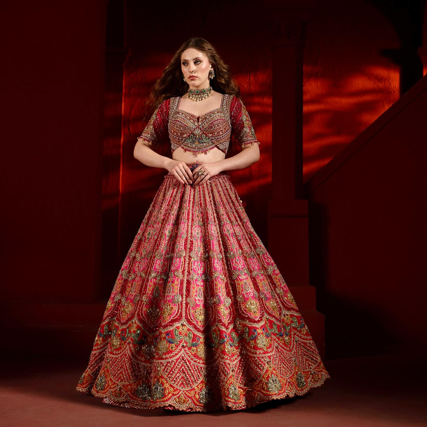 Custom Bright Red Elaborate Traditional Motif Royal Bridal lehenga