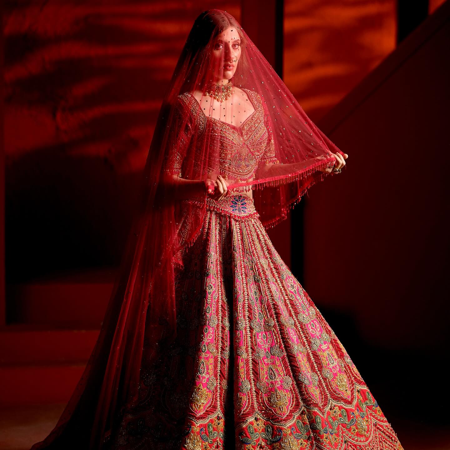 Custom Bright Red Elaborate Traditional Motif Royal Bridal lehenga