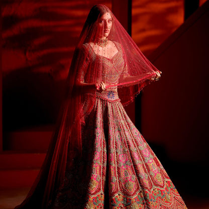 Custom Bright Red Elaborate Traditional Motif Royal Bridal lehenga