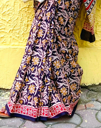 Kalbeliya -  Black Bagru Natural Dyes Handblock Printed - Cotton Mulmul Saree