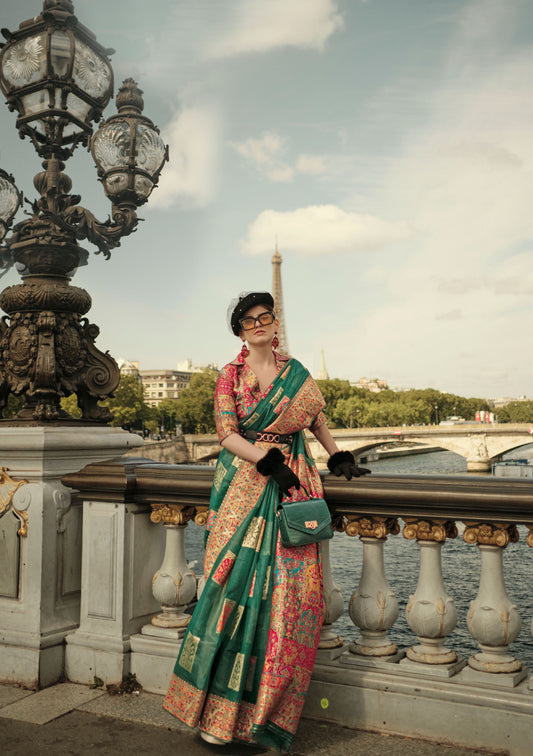 Deep Green Khadija Kashmiri Handoom Silk Saree