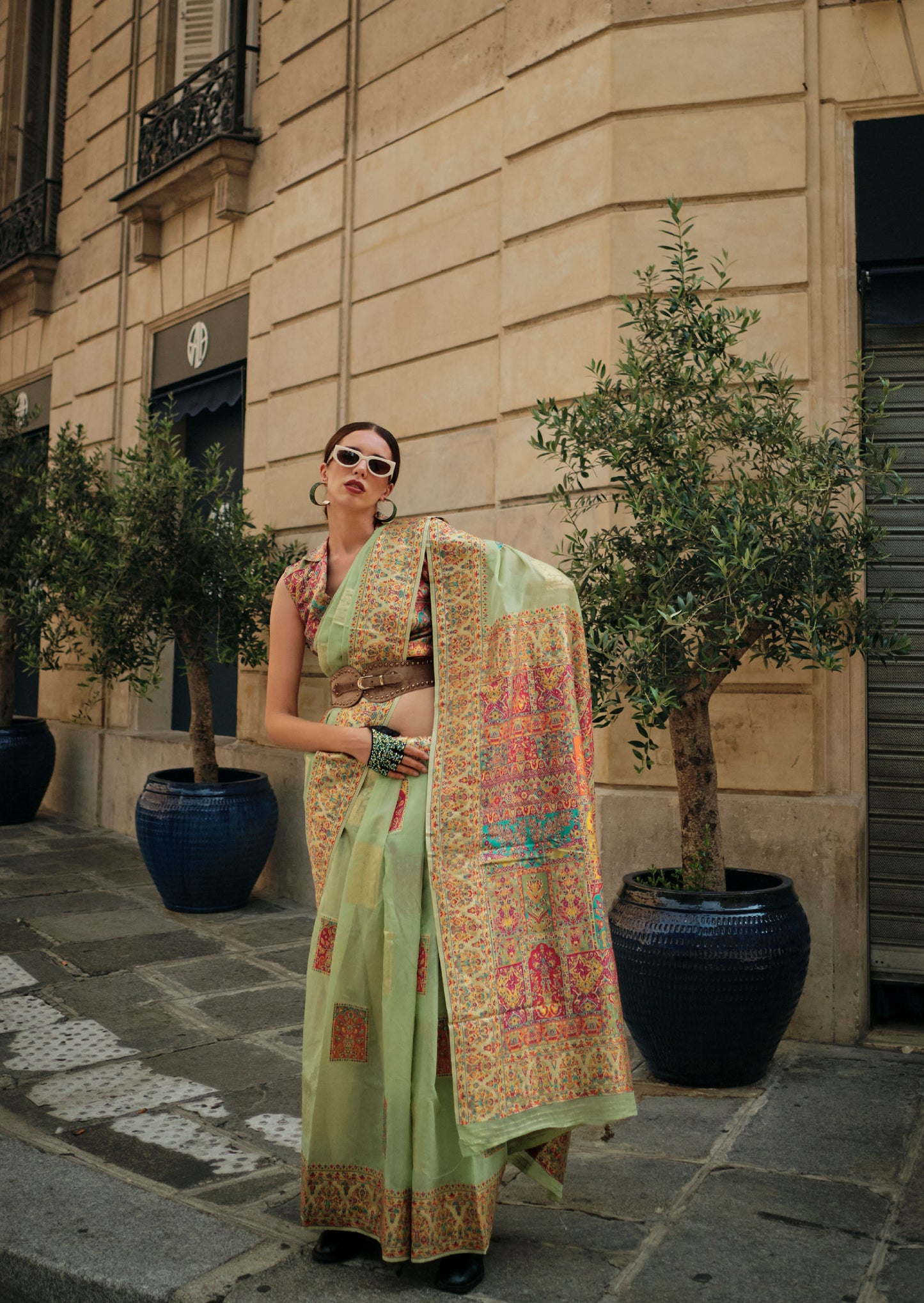 Mint Green Khadija Kashmiri Handoom Silk Saree