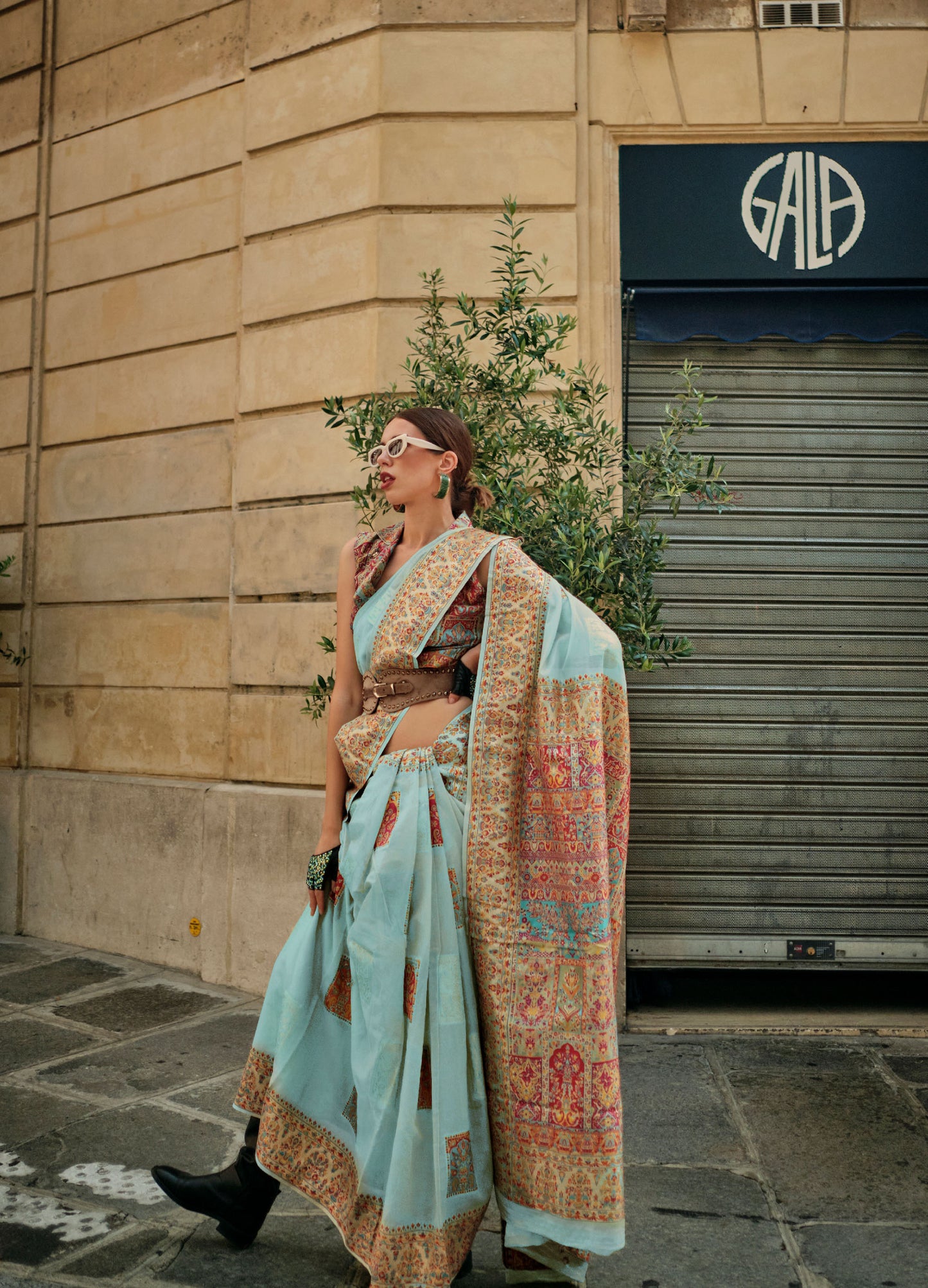 Cadet Blue Khadija Kashmiri Handoom Silk Saree
