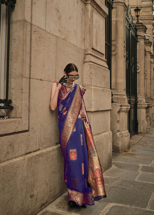 Navy Blue Khadija Kashmiri Handoom Silk Saree
