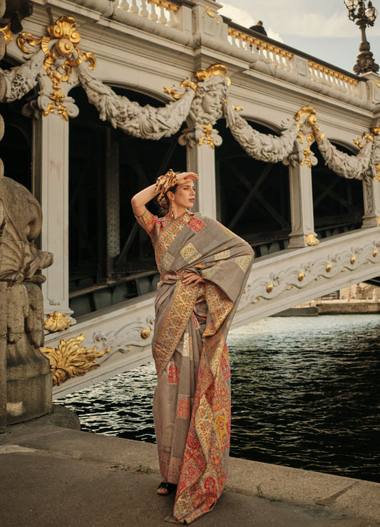 Grey Khadija Kashmiri Handoom Silk Saree