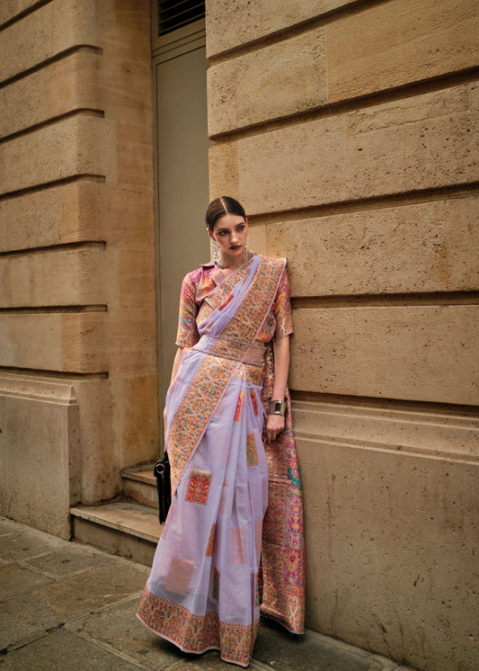 Lavender Khadija Kashmiri Handoom Silk Saree
