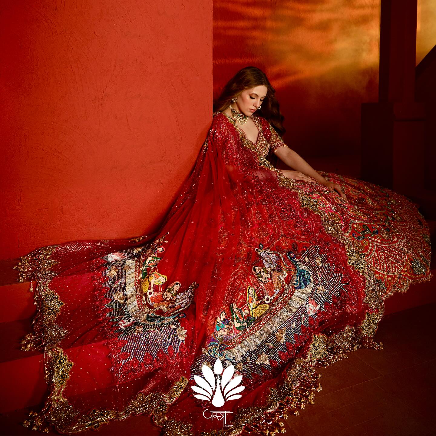 Custom Bright Red Elaborate Traditional Motif Royal Bridal lehenga