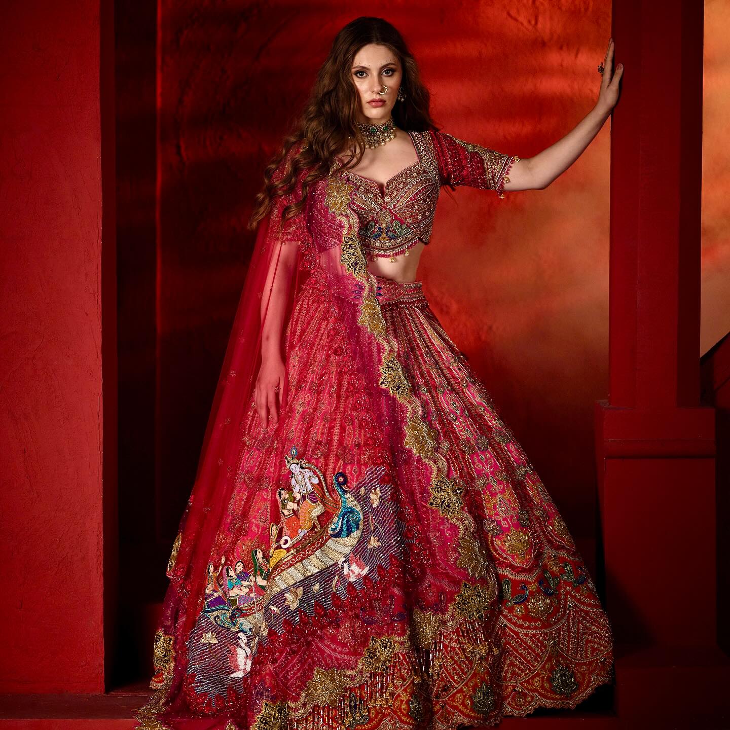 Custom Bright Red Elaborate Traditional Motif Royal Bridal lehenga