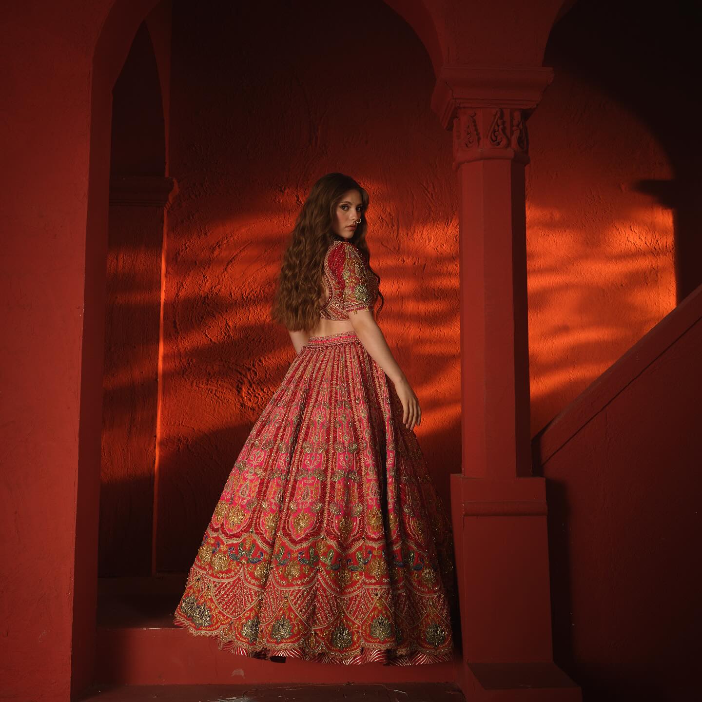 Custom Bright Red Elaborate Traditional Motif Royal Bridal lehenga