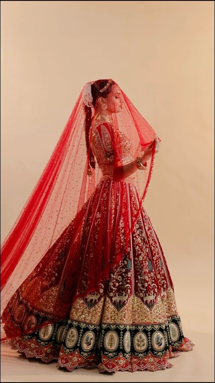 Custom Red and Black Elaborate Traditional Motif Royal Bridal lehenga