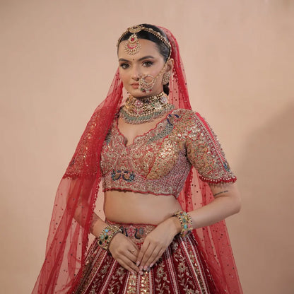 Custom Red and Black Elaborate Traditional Motif Royal Bridal lehenga