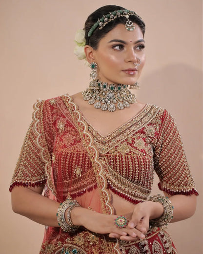 Custom Red Elaborate Traditional Motif Royal Bridal lehenga