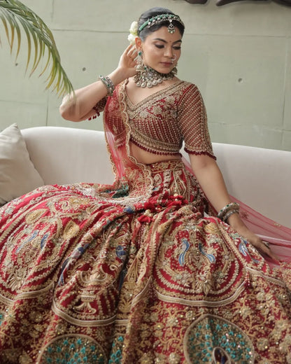 Custom Red Elaborate Traditional Motif Royal Bridal lehenga