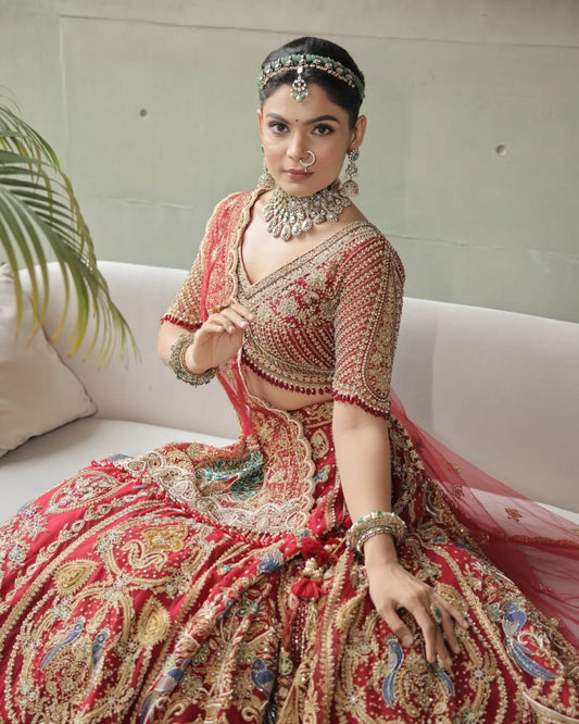 Custom Red Elaborate Traditional Motif Royal Bridal lehenga