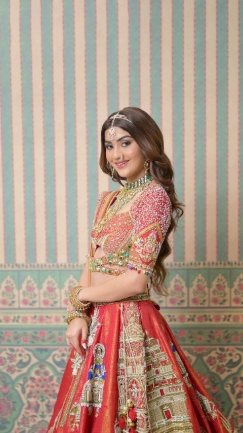 Custom Bright Red Eloquent Elephant Motif Royal Bridal lehenga