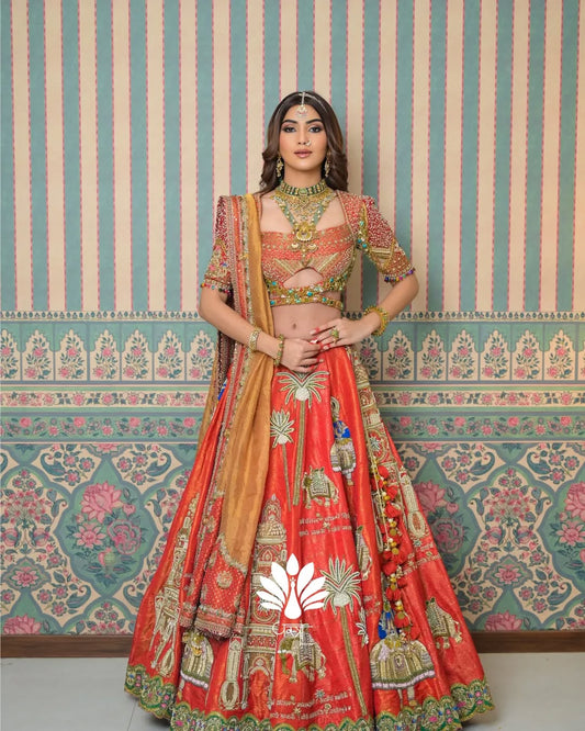 Custom Bright Red Eloquent Elephant Motif Royal Bridal lehenga