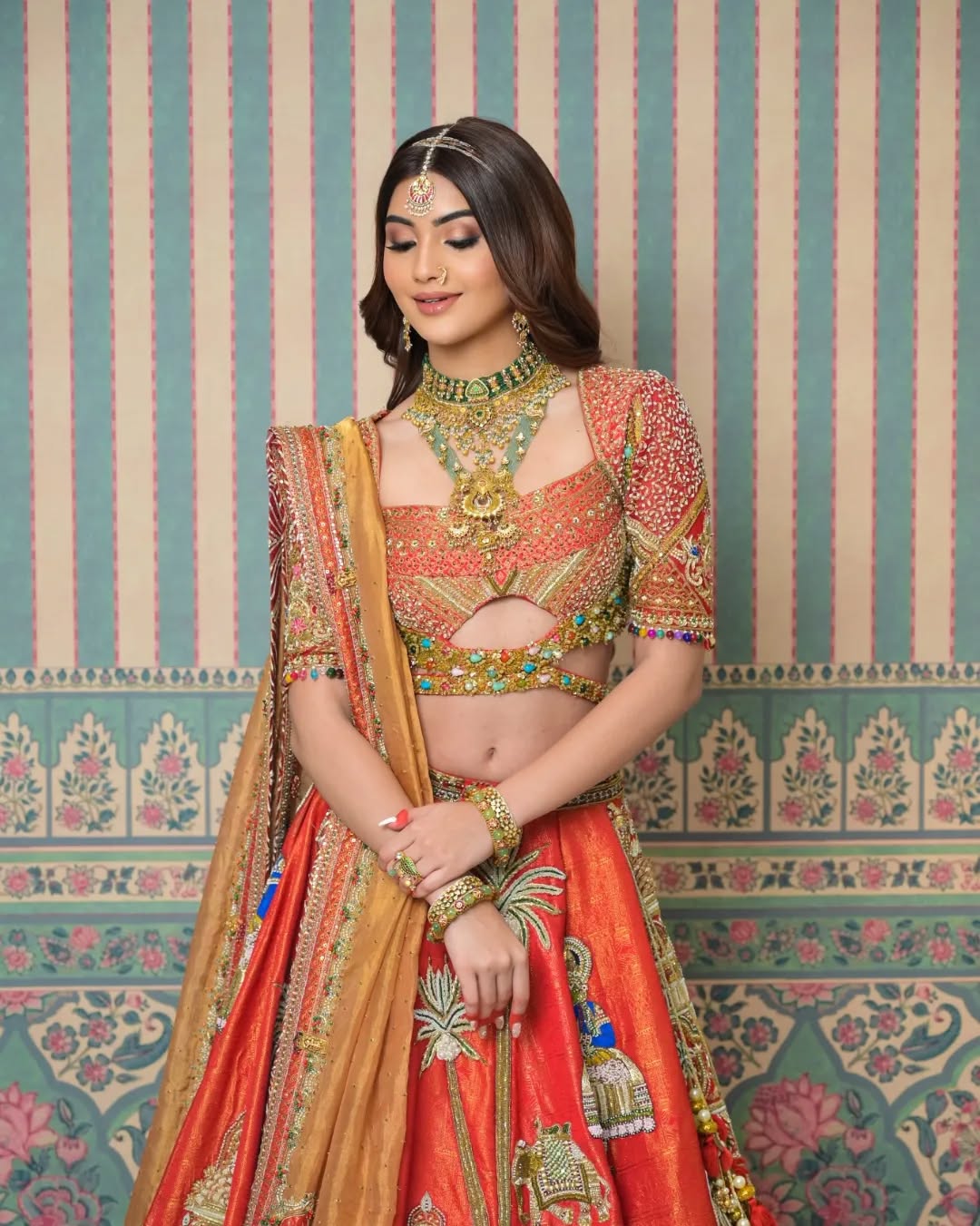 Custom Bright Red Eloquent Elephant Motif Royal Bridal lehenga