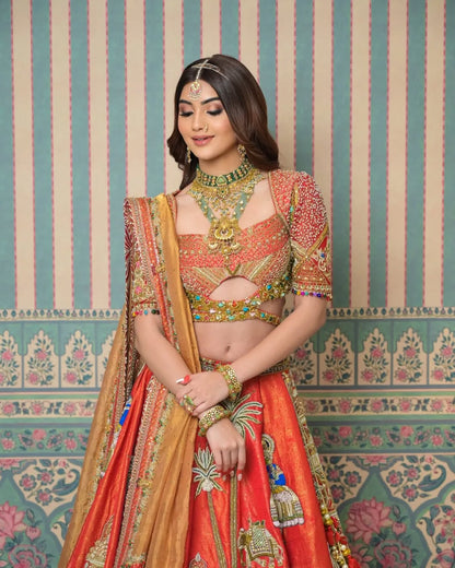 Custom Bright Red Eloquent Elephant Motif Royal Bridal lehenga