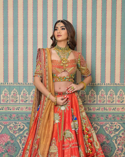 Custom Bright Red Eloquent Elephant Motif Royal Bridal lehenga