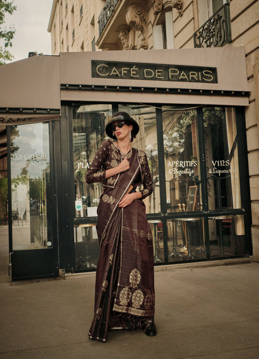 Brown Kronicle Pure Satin Zari Handloom Saree